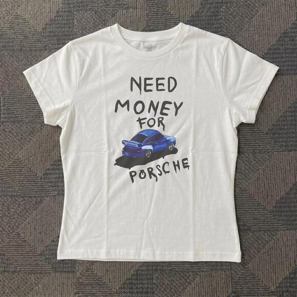 Tops - White Baby Tee With Need Money For Porsche